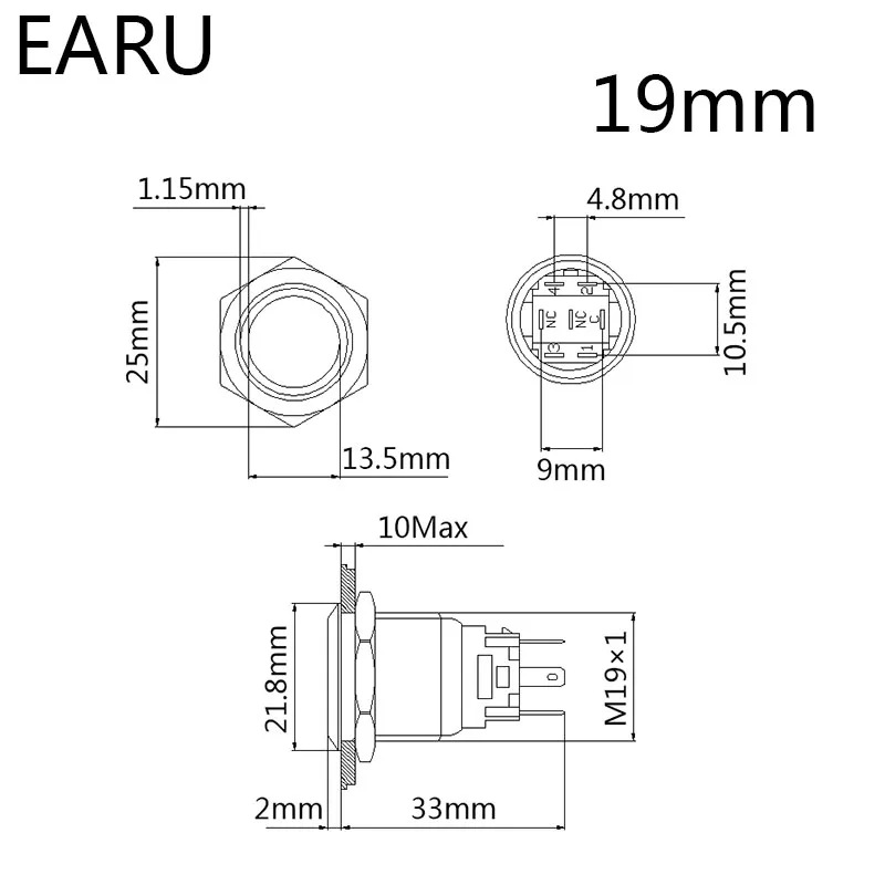 19 мм Новый Тип Водонепроницаемый металлический кнопочный выключатель