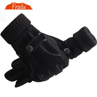 fralu men genuine leather gloves autumn winter warm touch screen full finger black gloves high quality