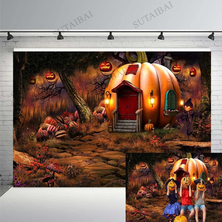 

Счастливого Хэллоуина фон для фотосъемки с изображением сказочного леса тыквы дом Фонари фон для фотосъемки ребенка вечерние фото фон для ...