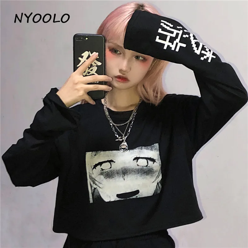 NYOOLO Harajuku стиль хип-хоп мультфильм девушка письмо с узором короткая футболка рубашка Осень Свободный длинный рукав футболка женская одежда Топ Футболка - Цвет: Черный