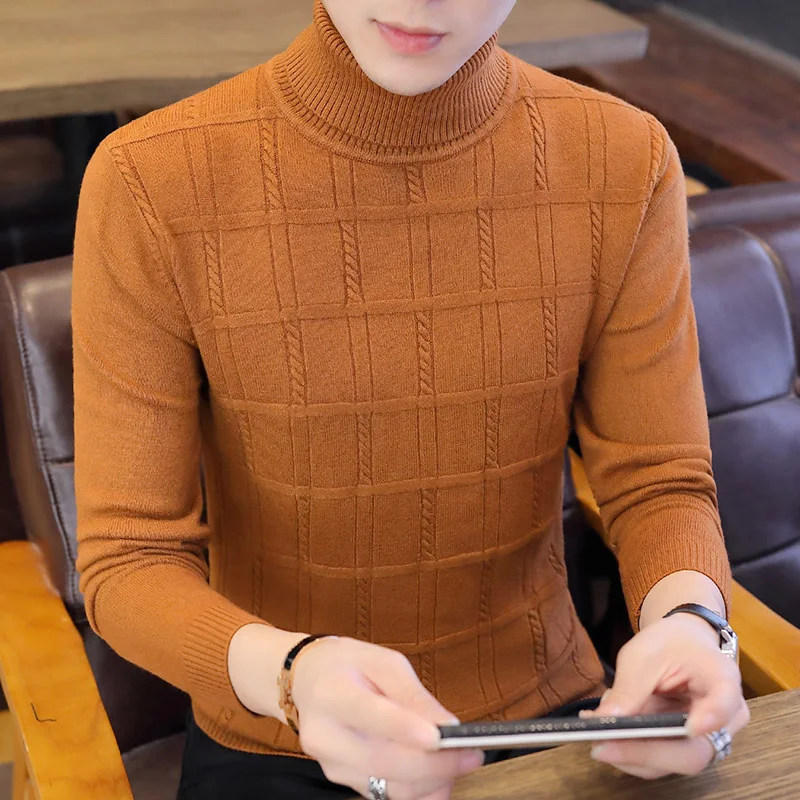 

The new men's autumn season 2020 high collar fashion personality warm pure color render twist sweater knit teenagers grid