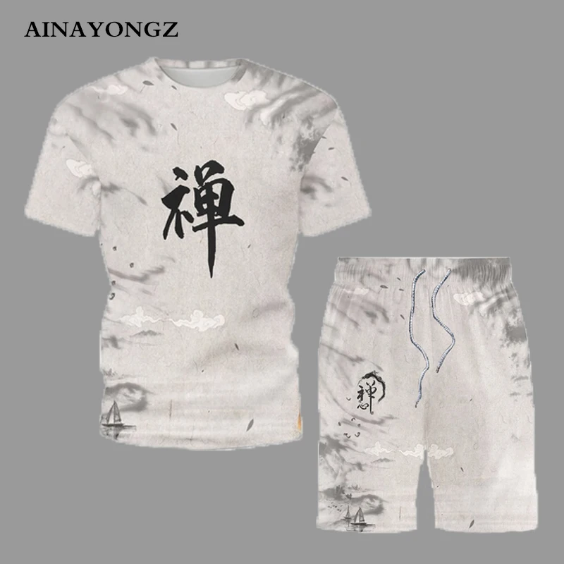2022 Trend Men Clothing Summer Retro T Shirts Set Chinese Character Culture Printed Male Short Tracksuit Suit Casual Outfits