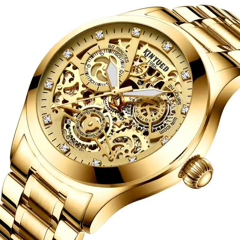 Gold Steel with box KINYUED Мужские автоматические механические часы с ветром, светящаяся вакуумная кофеварка, мужские золотые водонепроницаемые horloges mannen - Цвет: Gold Steel with box