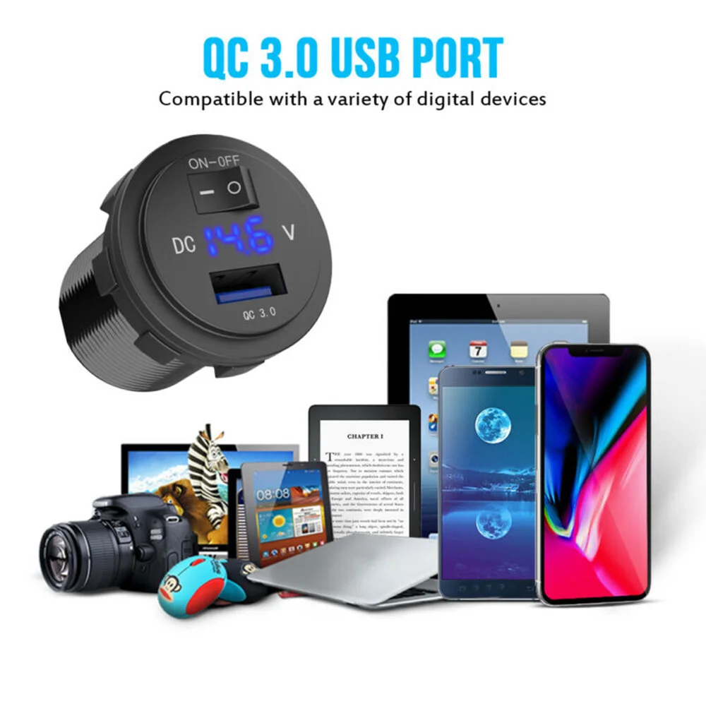 12 24 В QC3.0 USB быстрое зарядное устройство розетка синий ВКЛ и ВЫКЛ переключатель