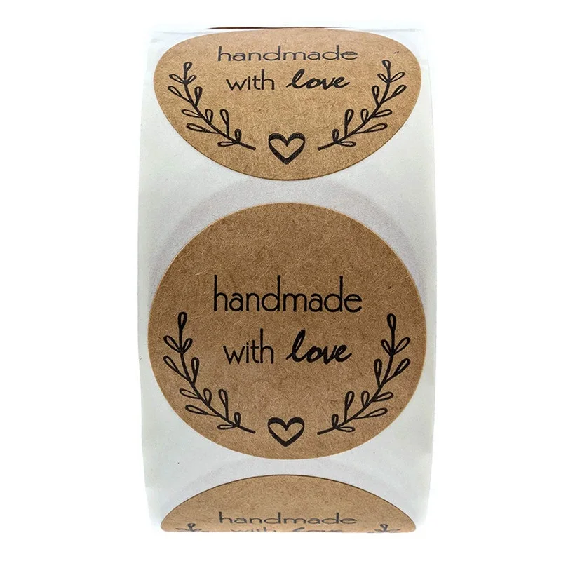 

round"Handmade with love" Stickers seal labels roll sticker for Package decorate handmade sticker stationery supplies50-500pcs