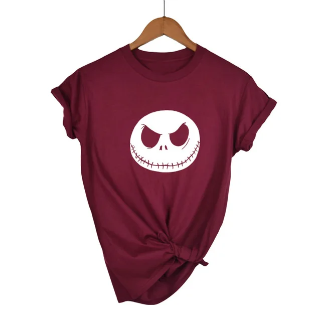 Wine Red-W Харадзюку Кошмар перед Рождеством мультфильм Джек Скеллингтон женская футболка гримаса Лето хлопок хип хоп Уличная одежда - Цвет: Wine Red-W