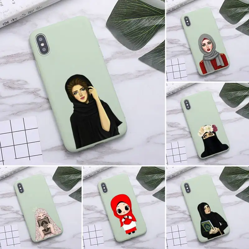 

USAKPGRT Muslim Islamic Gril Phone Case for iPhone 11 Pro Max X XR XS 8 7 6s Plus Candy green Silicone Cases