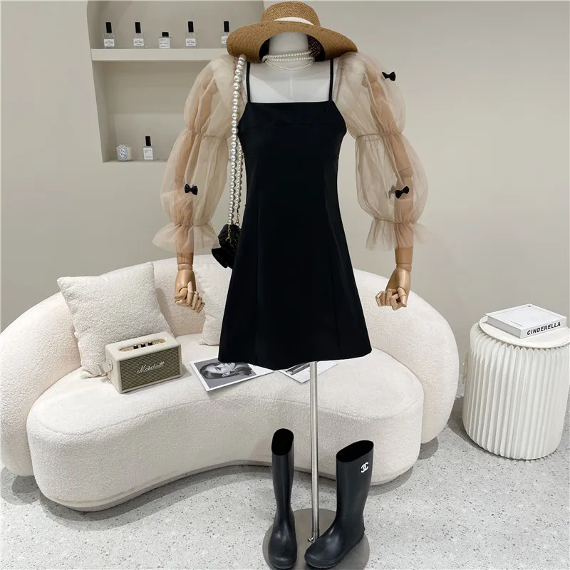 

Women's Spring Summer 2021 Fashion Temperament mesh stitching Fake two pieces suspenders black dress