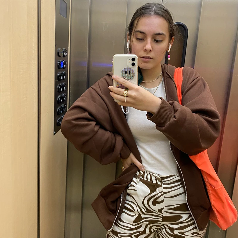 Brown Sweatshirts For Women Korean Style Zip Up Jacket Clothes Long-Sleeved Oversized Hooded Coat Vintage Warm Pockets Hoodies
