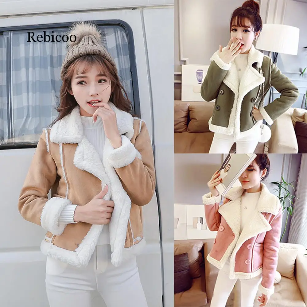 

Autumn Winter Women's biker plush and suede fur Pockets lady Warm Fleece Velvet Jacket long sleeve small suit woolen short coat