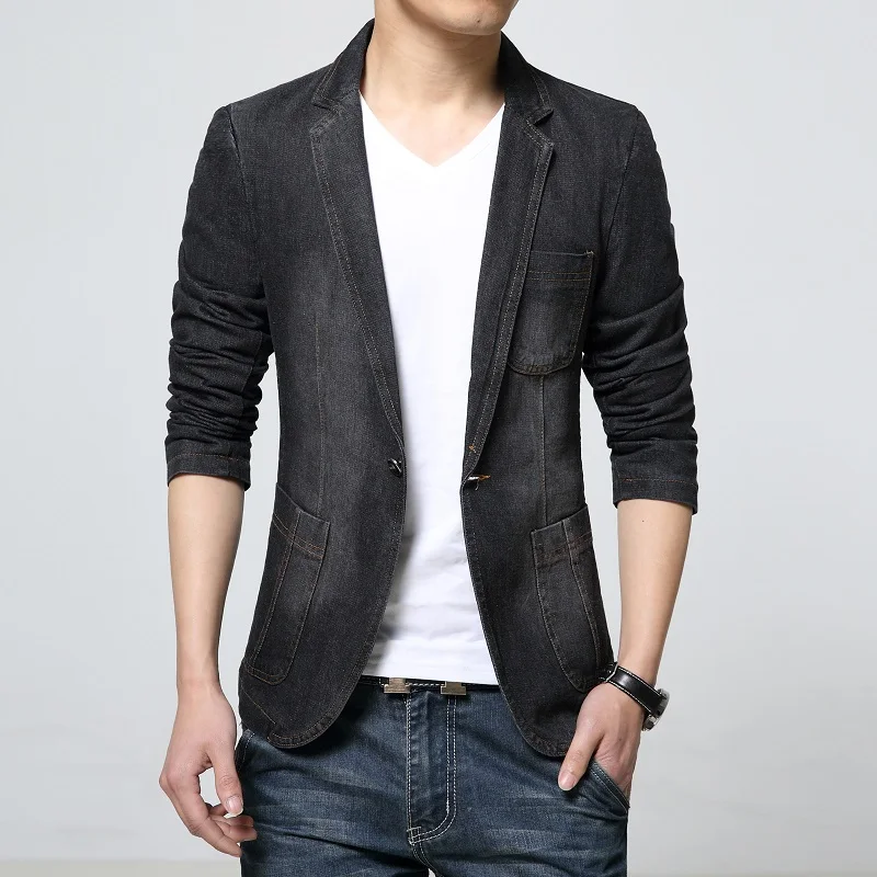 

Denim Blazer Men Blazer Jeans Slim Fit Cowboy Coats Leisure Mens Suit Jean Jacket Men Casual Coat Single Button New