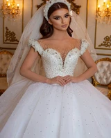 luxury pearls arabic dubai princess wedding dress sheer neck cap sleeves beaded bridal gown vestidos de noiva hand made
