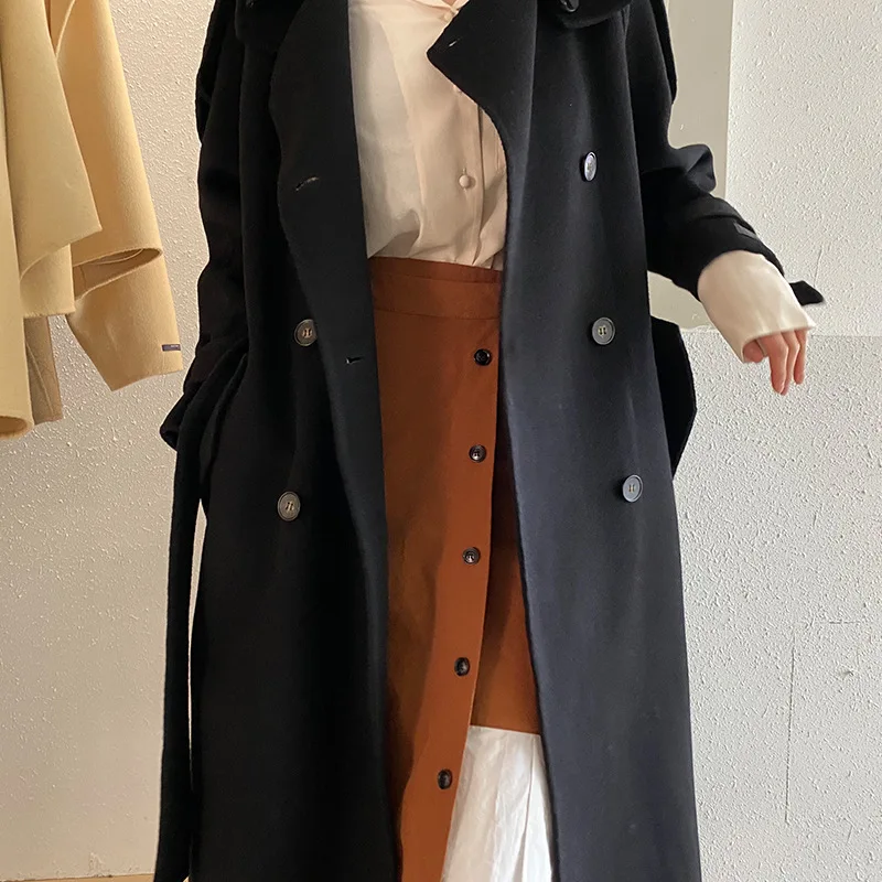 

2021 Winter Handmade Double-Sided Breasted Lacing Belt Loose Plus Size 100% Wool Coat Women Woolen Overcoat Jacket