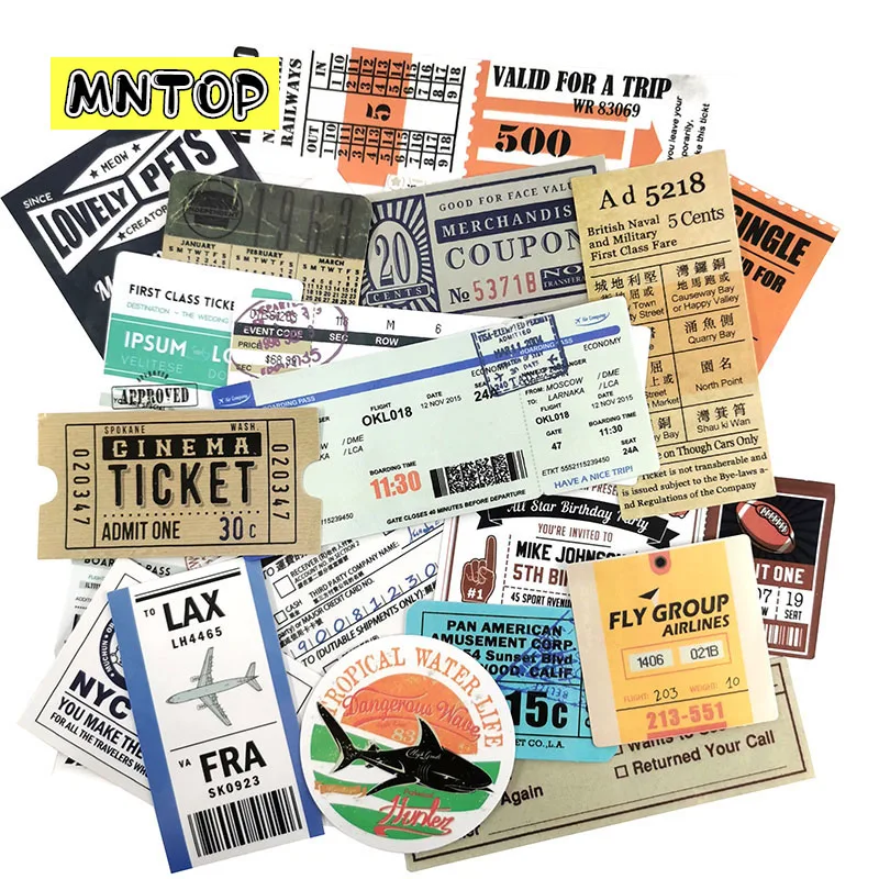 25pcs/pack Vintage Flight Tickets Waterproof Stickers For Luggage Scrapbook Skateboard Laptop Motorcycle Computer DIY Sticker