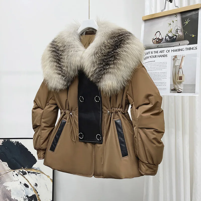 OFTUBY 2021 новая короткая модная зимняя куртка с натуральным лисьим мехом 90% белый