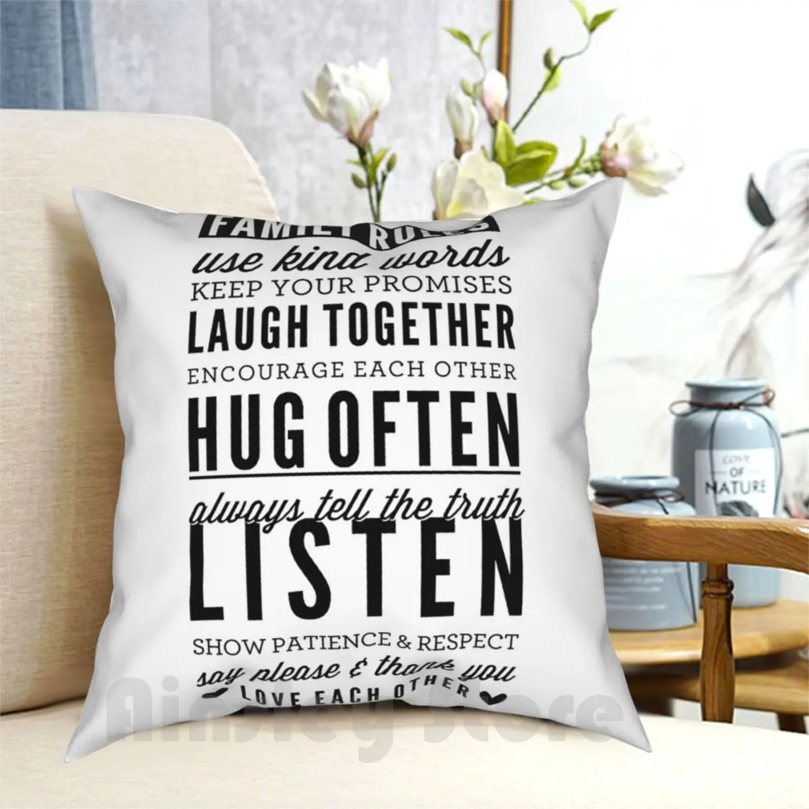 

Family Rules Modern Typography Positive Art Gray Pillow Case Printed Home Soft DIY Pillow cover Trendy Subway Art Stylish