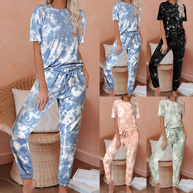 

Women's latest round neck short-sleeved color cotton casual suit two-piece suit