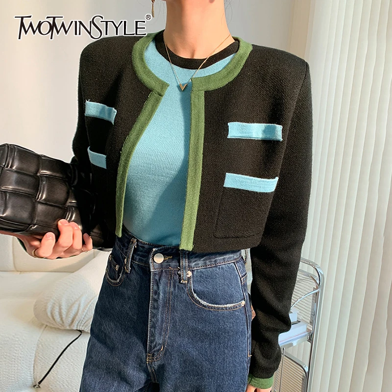 

TWOTWINSTYLE Colorblock Two Piece Sets For Female O Neck Long Sleeve Cropped Coat With Vests Women's Casual Suits New 2021