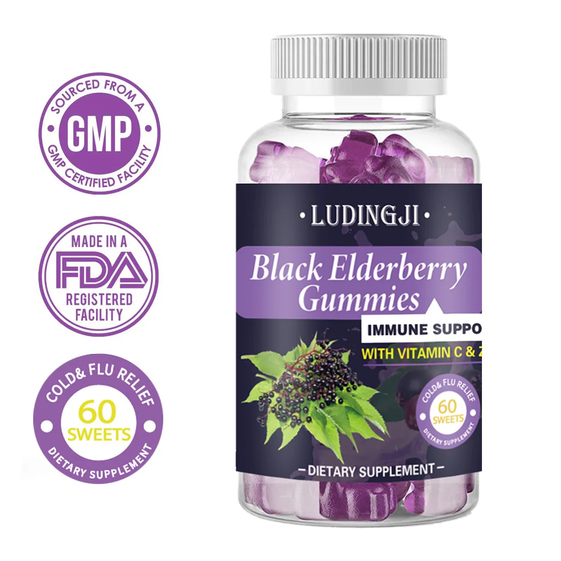 

60pcs Sambucus Elderberry Gummies Black Elderberry Sweets with Vitamin C and Zinc Immune System Booster Supplements