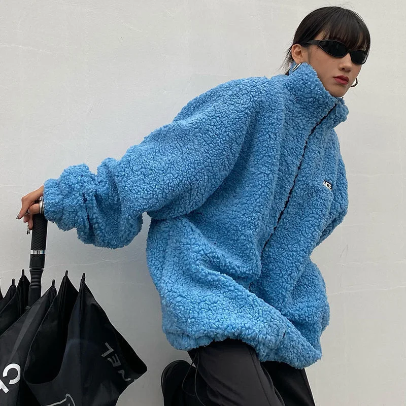 

GCAROL Women Imitation Lame Wool Jacket Winter Thickened Stand Collar Oversized Cotton Padded Coat Plus Size XL