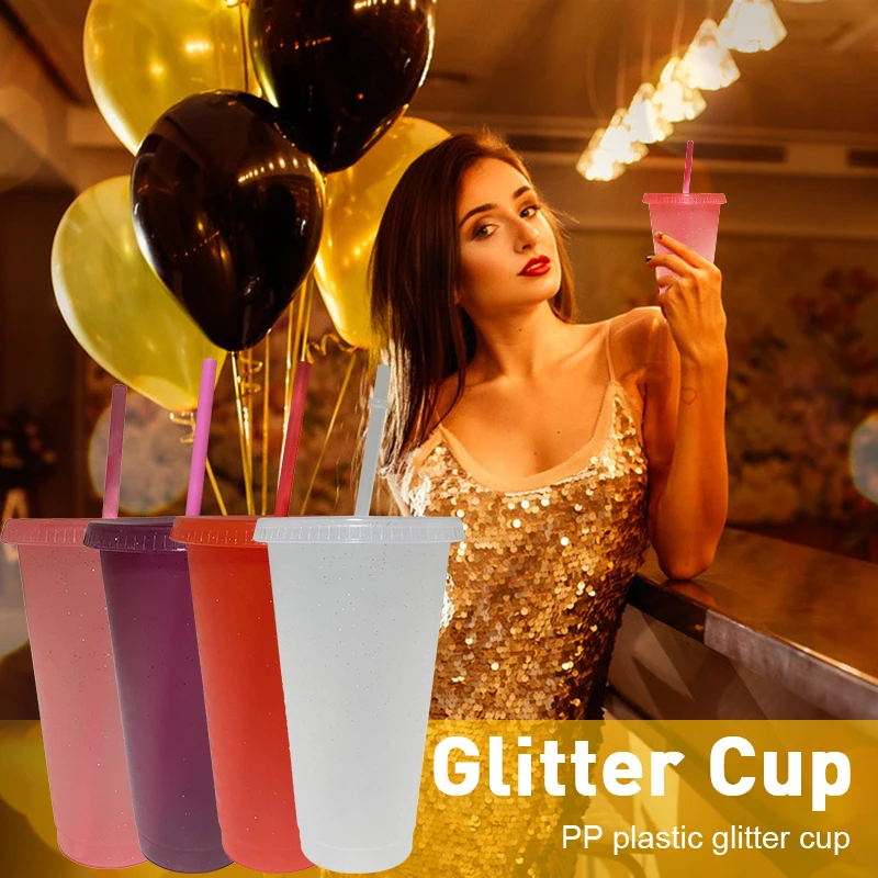 

1/5Pcs 473/700ml Flash Powder Shiny Glitter Plastic Tumbler With Lid Straw Cup Cold Coffee Juice Tea Cup Travel Mug Drink Bottle