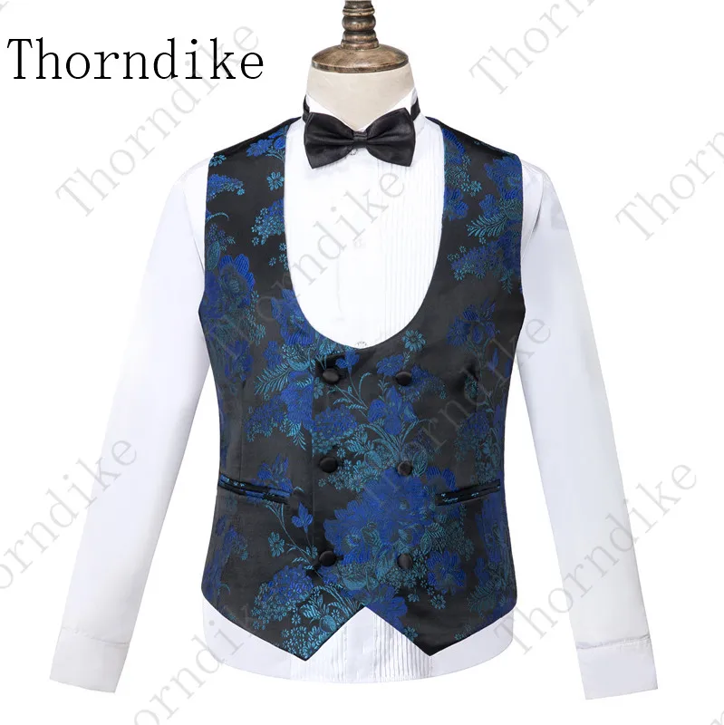 Thorndike Новое поступление мужские костюмы темно-синий, с цветами напечатаны 3 шт. смокинг винтажные свадебные костюмы для шафера Terno Masculino