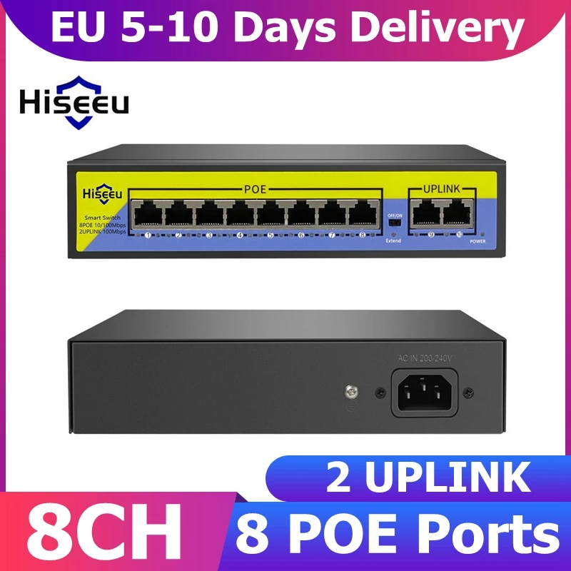 Оригинальный Hiseeu POE X1010B 48V 8 Порты и разъёмы коммутатор питания через Ethernet с 10/100