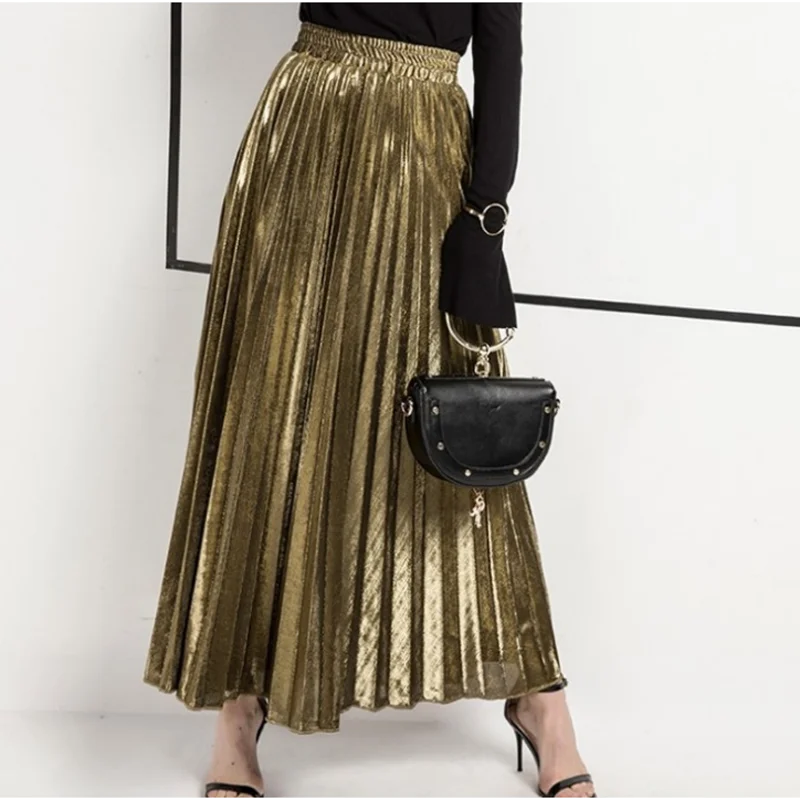 

Spring/Summer 2021 Pleated Casual Skirt Style Slim High Waist Big Swing Gold Skirt Female Beach Street Party Women's Clothing