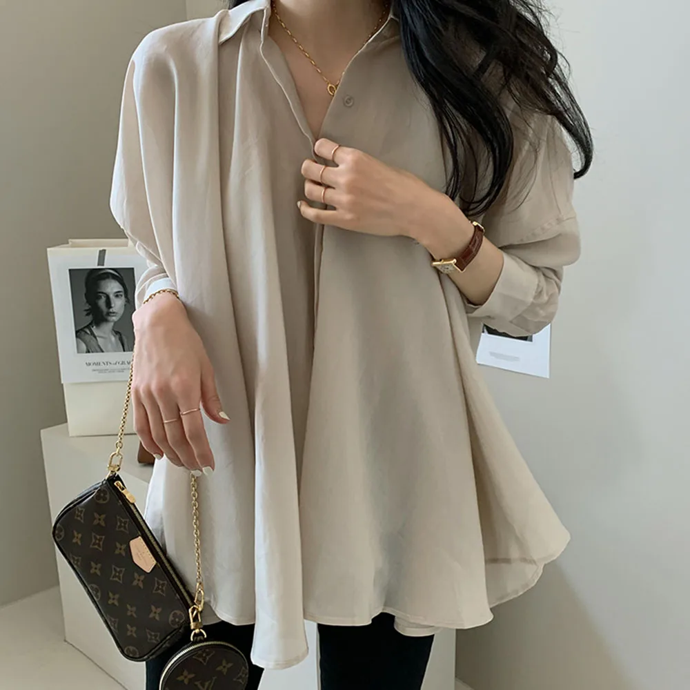 

Korea Fashion Women Loose Blouse White Solid Tops Plain Female Spring Fall Long Sleeve Office Lady Work Shirts Blouses New Chic
