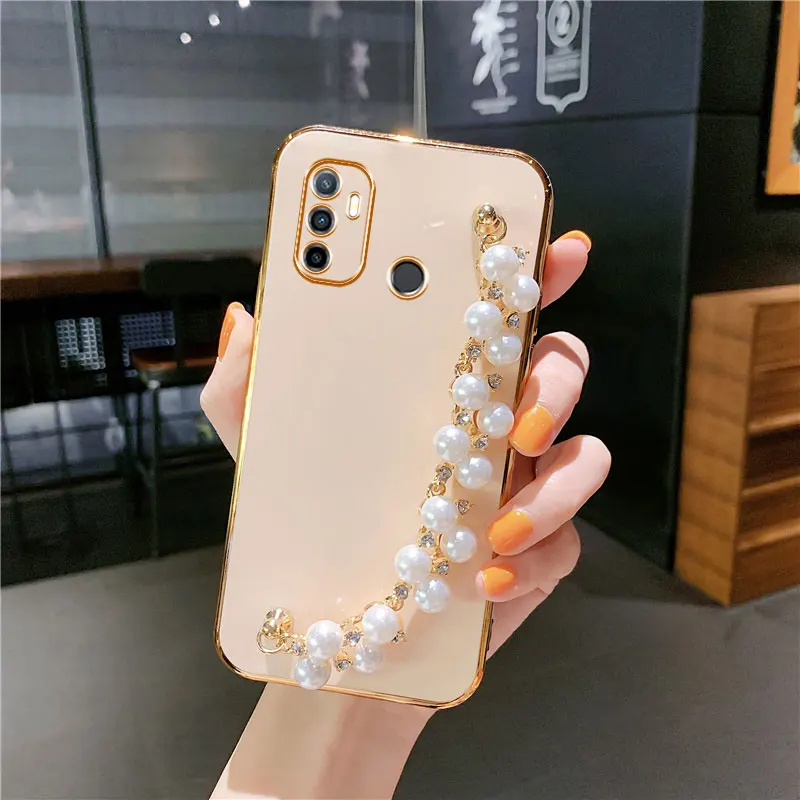 Luxury Plating Pearl Bracelet Shockproof Soft Case For OPPO Reno5 Reno6 Pro Reno4 Z A94 A95 A55 A35 A5 A9 A53 S 2020 Sexy Cover