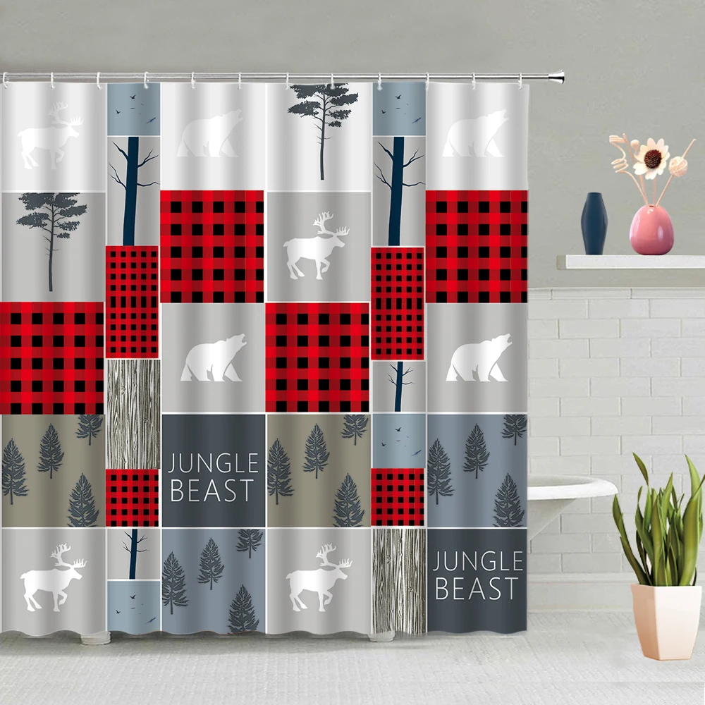 

Wild Animals Deer Elephant Lattice Shower Curtain Jungle Beast Tree Pattern Bathroom Decoration Waterproof Fabric With Hook Suit