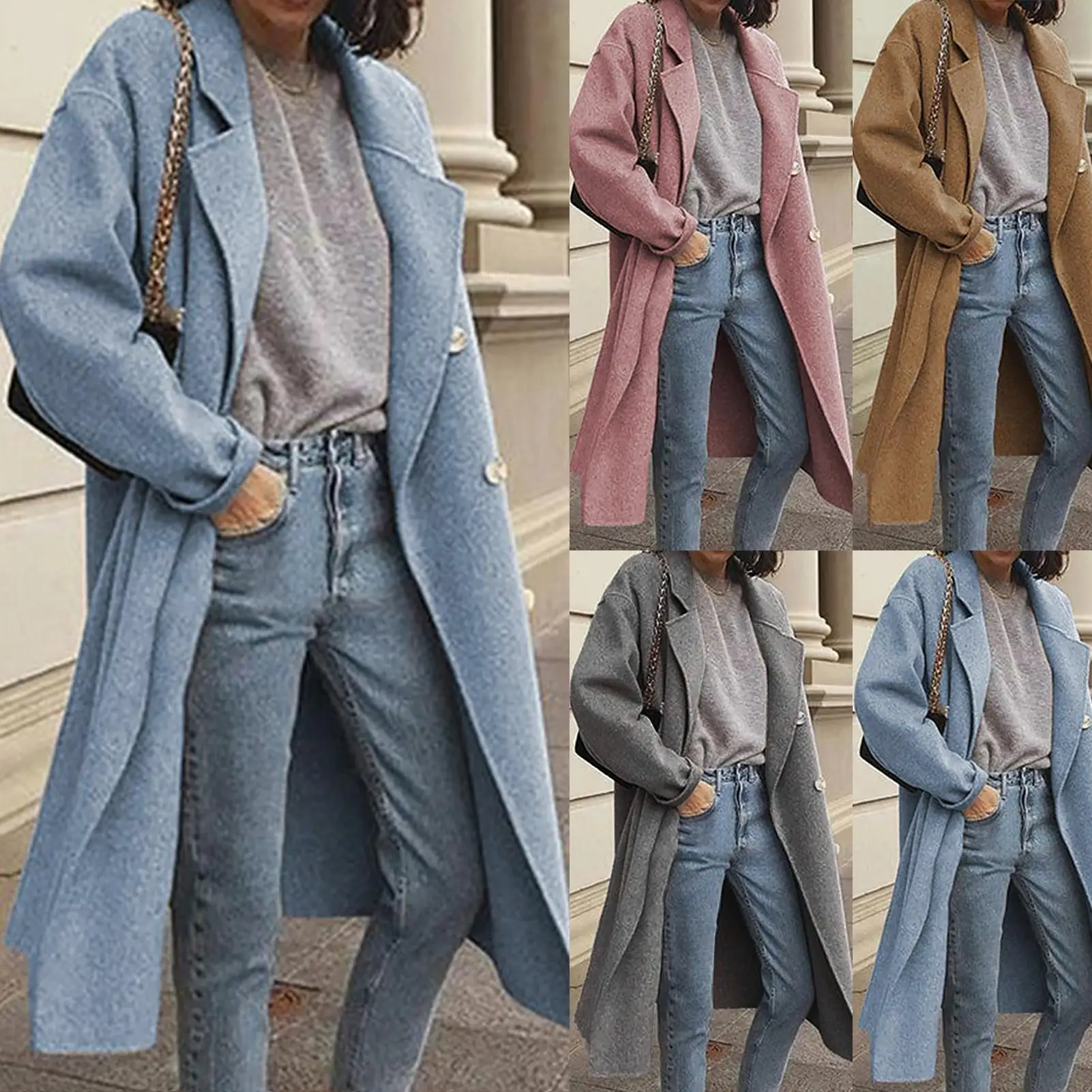 

Winter Women Long Sleeve Double-breasted Lapel Coat Jacket Mid-length Overcoat