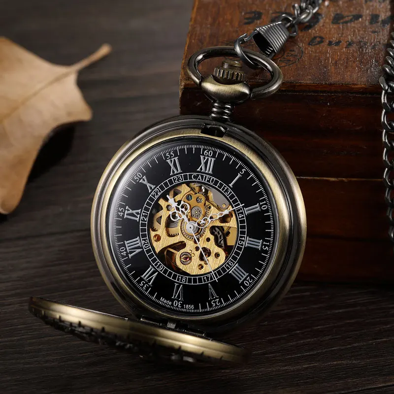 Бронзовый бегущая лошадь Механические карманные часы Скелет Римский Цифры