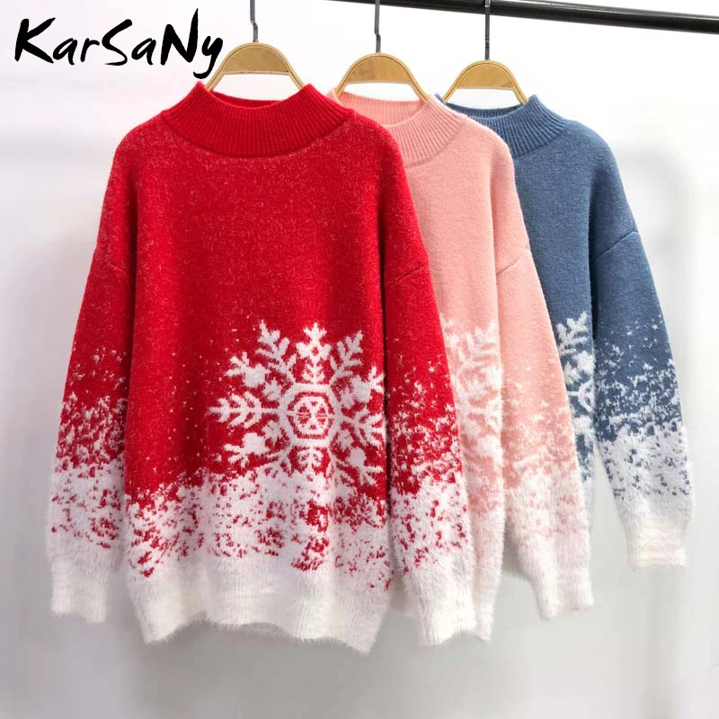 

Зимний Рождественский свитер, Женский Свитер оверсайз 2020, вязаный мягкий свободный женский свитер, красный толстый зимний длинный свитер д...