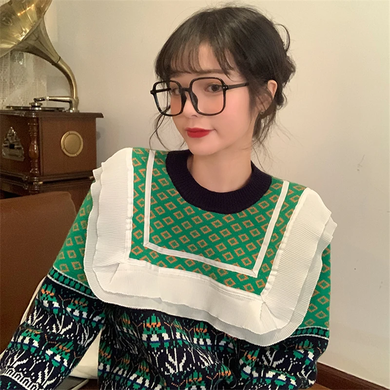 

2020 Autumn Winter Sweet Ruffle Knitted Sweater Women Sweet Fashion Korean Japanese Style Contrast Color Pullover Woman Sweaters