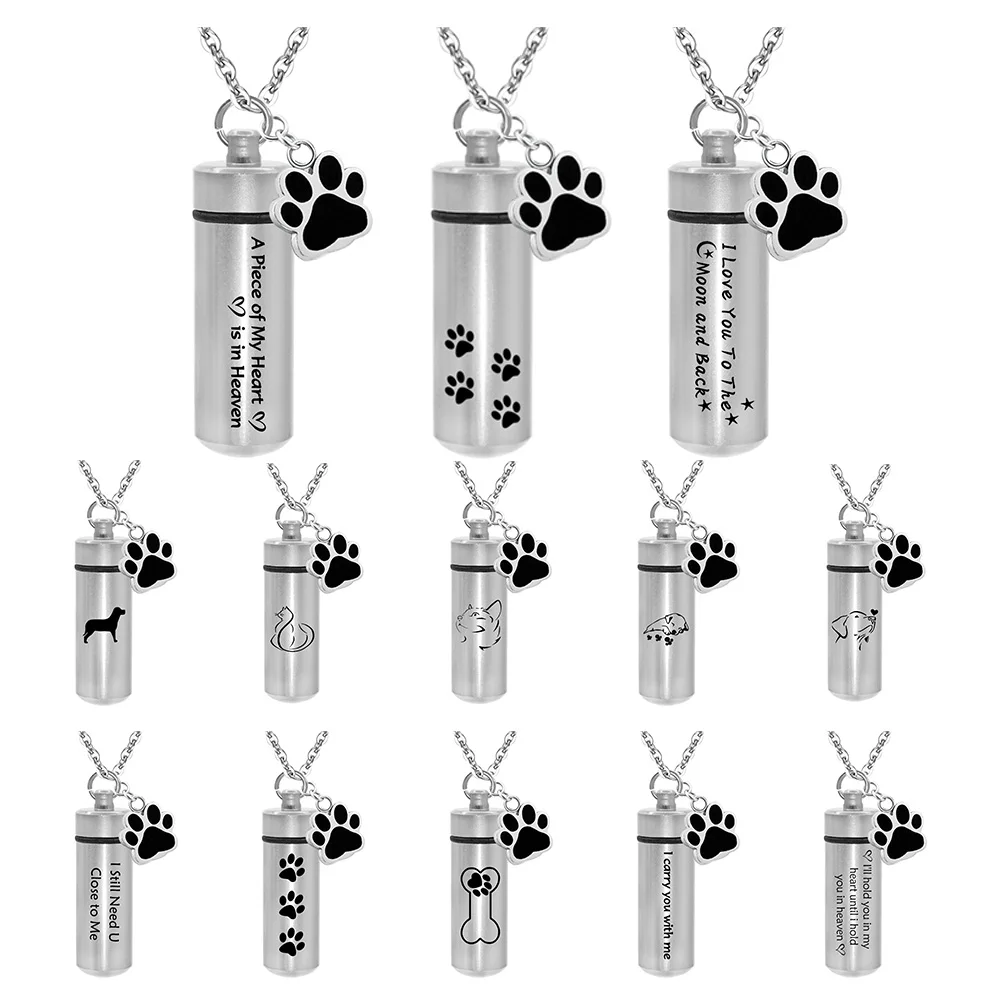 

Lovely Pet Paw Cylinder Cremation Pendant Jewelry Ashes Holder Keepsake Cat Dog Memorial Urn Necklace Aluminum Alloy