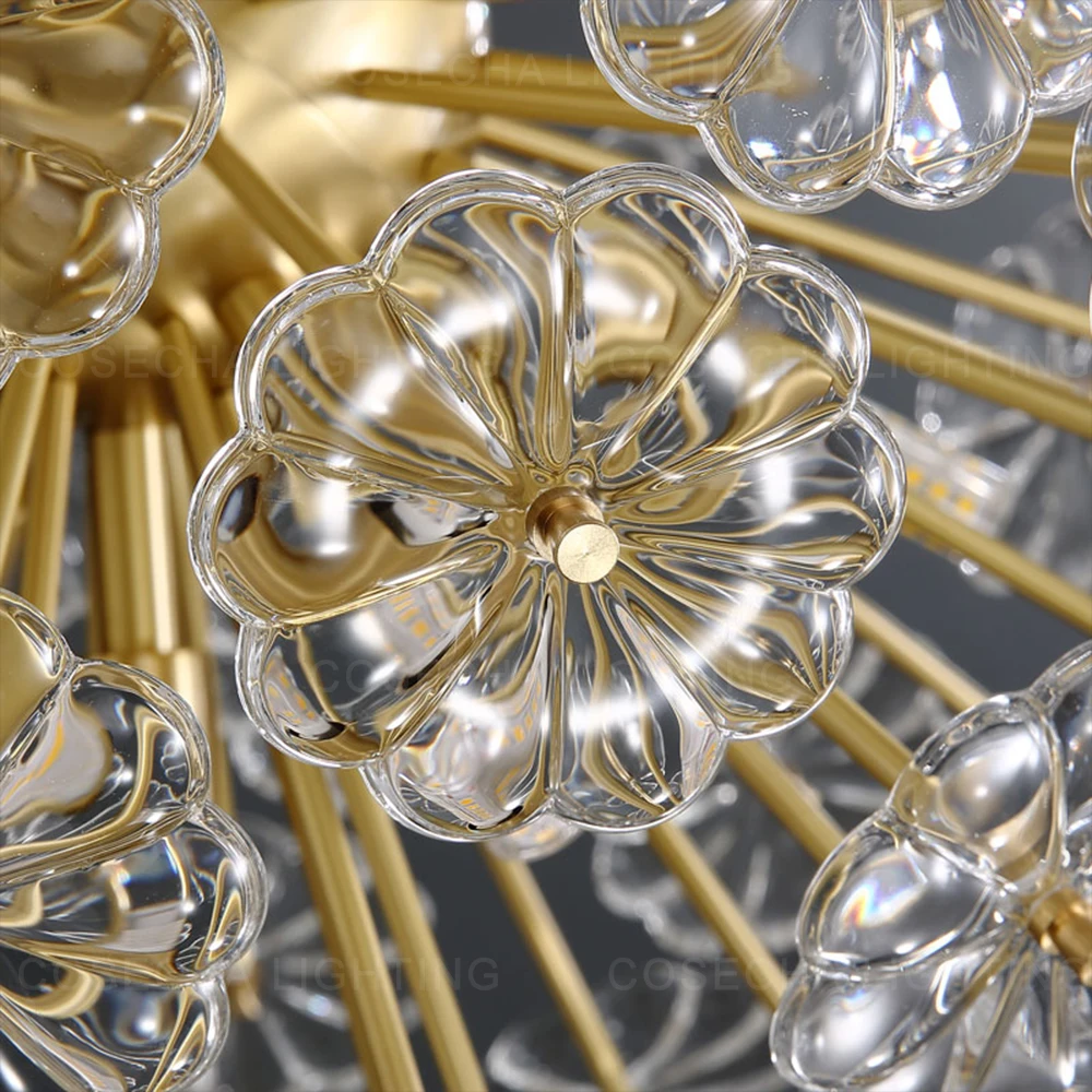 

Globe bronze chandelier gold light luxury crystal petal hanging lamp sphere round copper chandelier dandelion design living room