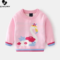 new 2021 baby girls pullover knitted sweater autumn winter kids girls cartoon swan jacquard o neck jumper sweaters tops clothing
