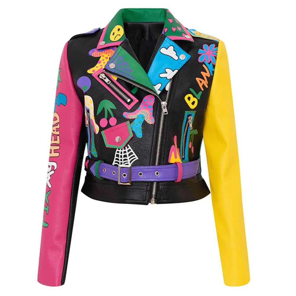 New women Autumn Punk Pu Faux Leather Jacket Hit Color Streetstyle Graffiti Coat Slim Fit Tops Belt Letters Print Moto Outwear