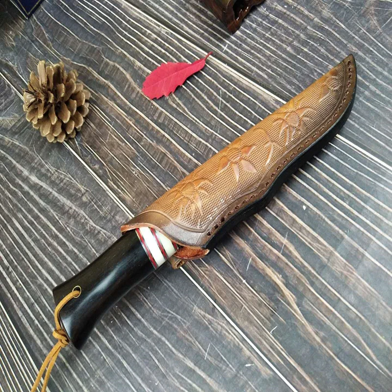 

Fine Damascus Steel Straight Knife Black Ox Horn and Antler Handle Collection Gift Outdoor Survival Tactics Self Defense Knifes