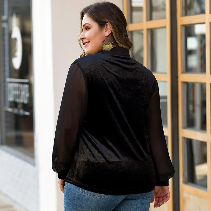 Вельветовая женская футболка с галстуком-бабочкой Сетчатая длинным рукавом