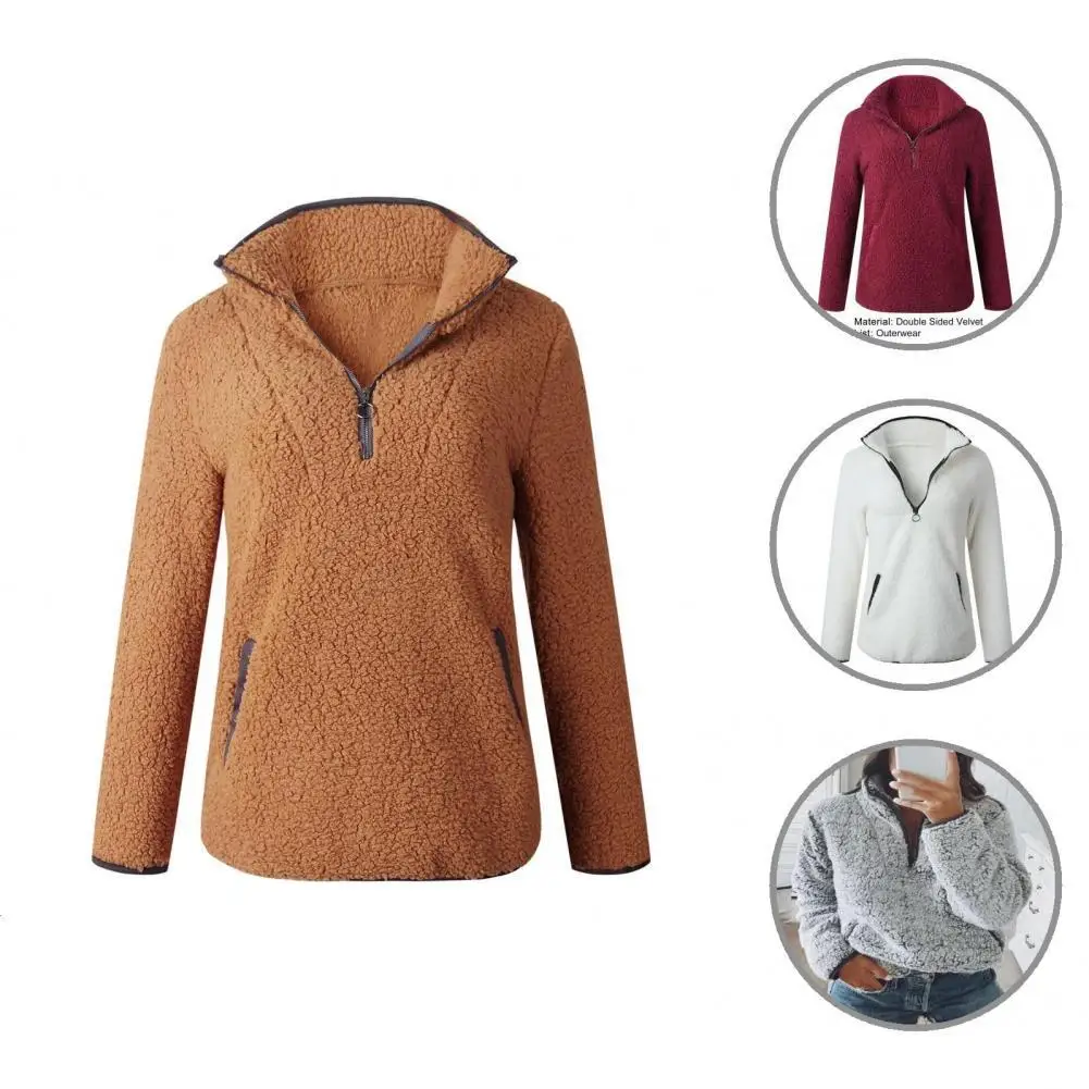 

Long Sleeve All-Match Zipper Neck Pockets Fluffy Sweatshirt Streetwear