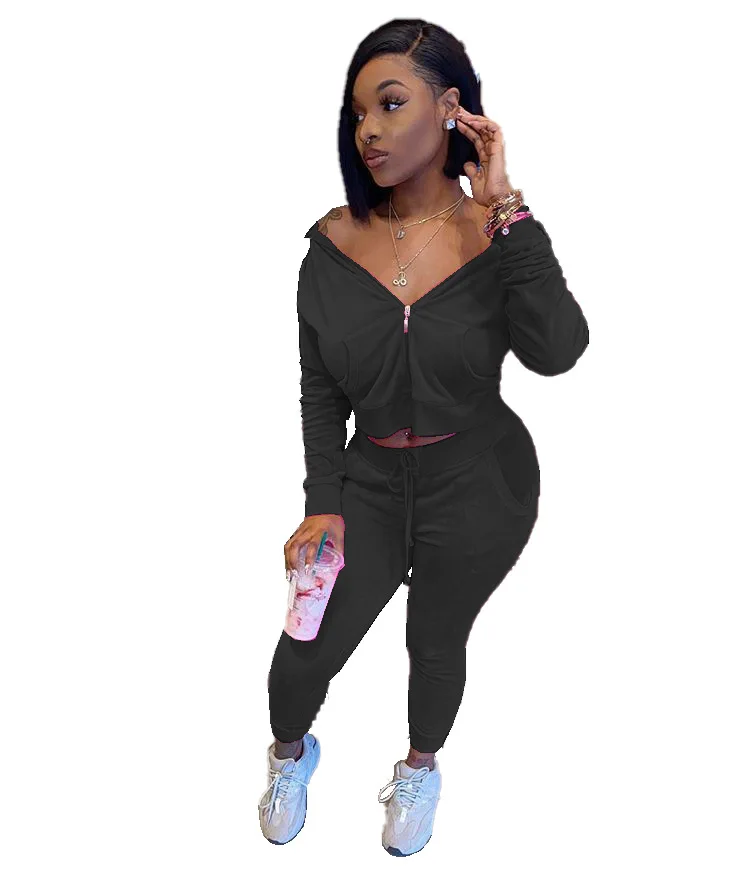 

Autumn Newest Hooded Solid Women Casual Sets Long Sleeve Zipper Pockets Coat + High Waist Drawstring Sports Pants Tracksuits