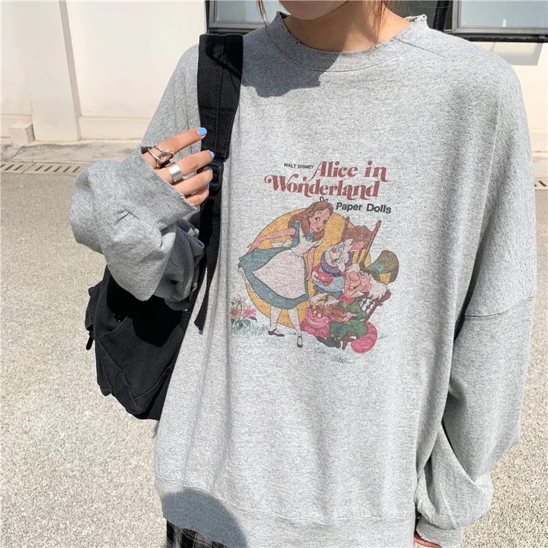 

Alice Cartoon Letter Printing Oversized Crewneck Sweatshirt Women Casual BF Girls Kawaii 2020Autumn O-neck Pullovers Japan Style