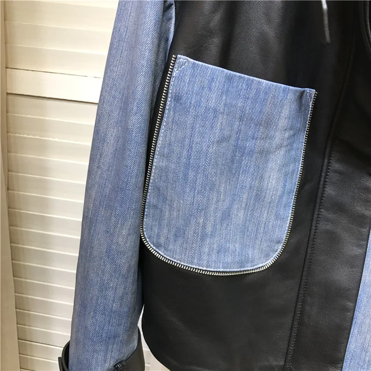 Europe Style Women Autumn Denim color patchwork leather jackets High quality pockets Genuine leather women coat C504