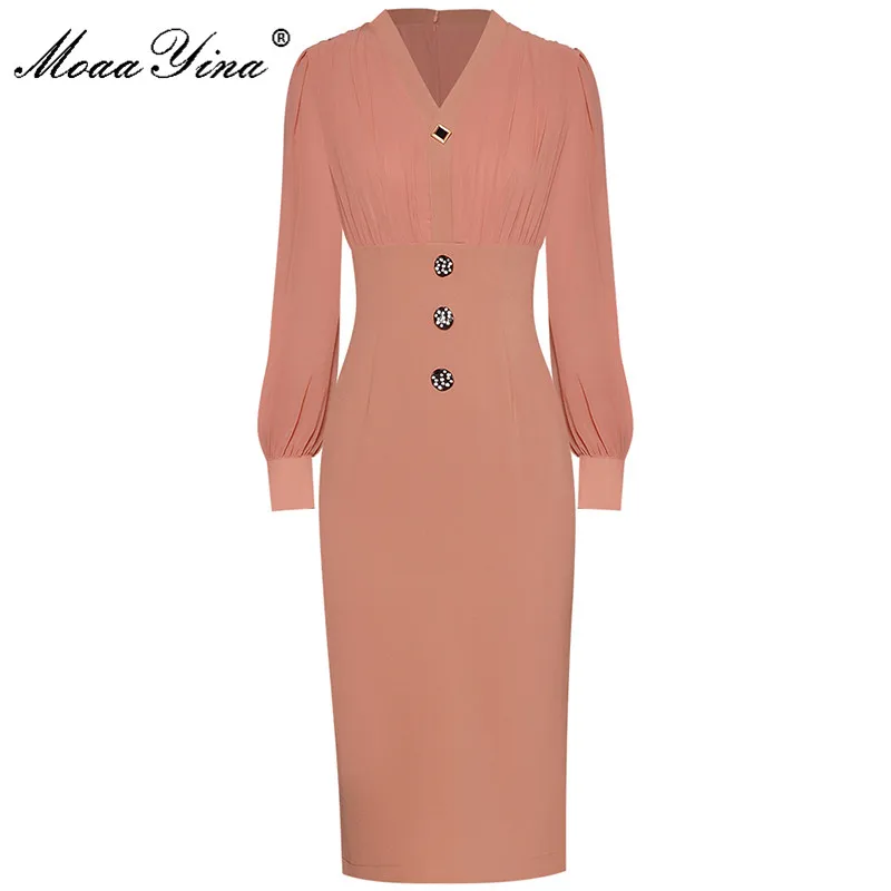 

MoaaYina Fashion Dress Summer Women's dress V-neck Ruched Lantern Sleeve Package hip Dresses