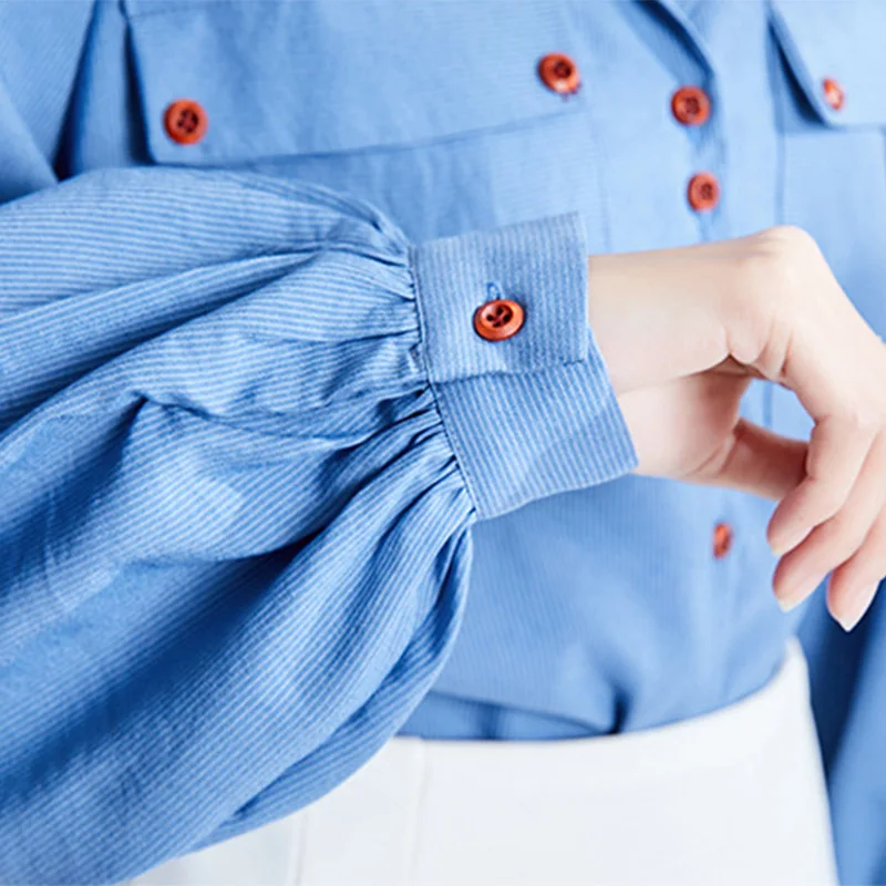 

Korean Elegant Women's Shirt 100% Cottton Spring Pocket Lapel Lantern Sleeve Shirt Female 2021 Fashion Office Lady Top Clothes