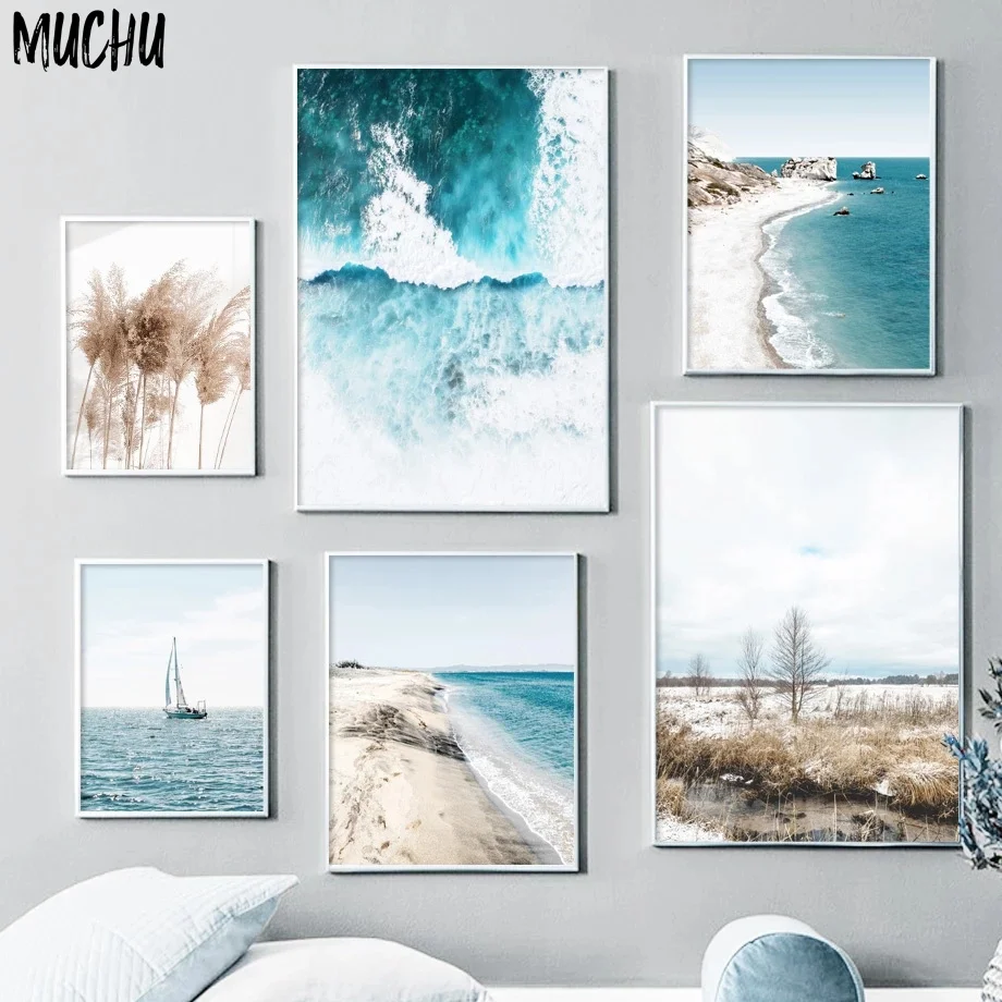 Canvas Art Blue Sea Bridge Reed Beach Sailboat Quote Landscape Painting Nordic Wall Pictures For Living Room Decor Gift | Дом и сад
