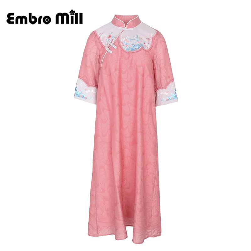 

Spring New Cheongsam Women Retro Embroidery + Jacquard Chinese Style Stand Collar Three Quarter Sleeve Dress S-XXL