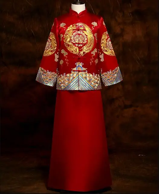 Chinese Traditional Men Wedding Cloth Tang Red Robe Bridegroom Embroidered Vintage Suit Dragon Gown